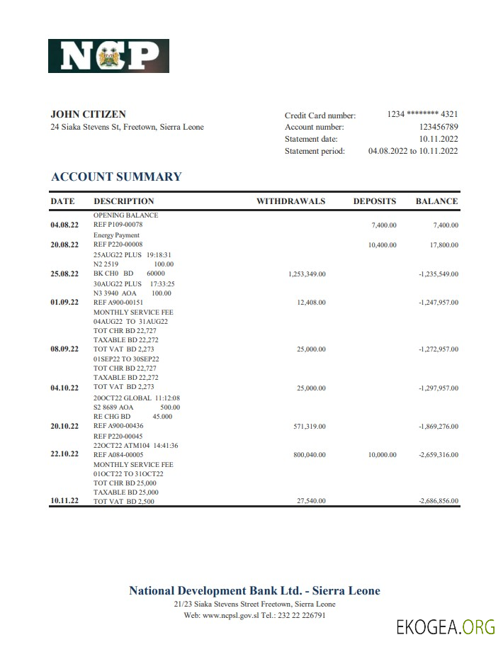 Déclaration de la Banque nationale de développement de Sierra Leone xls